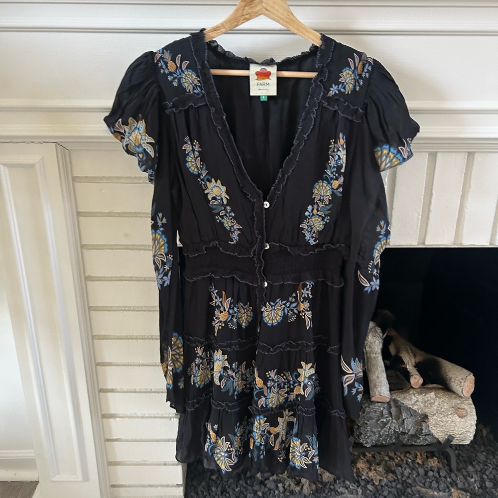 FARM Rio Black Blouse with Blue and Yellow Floral Embroidery